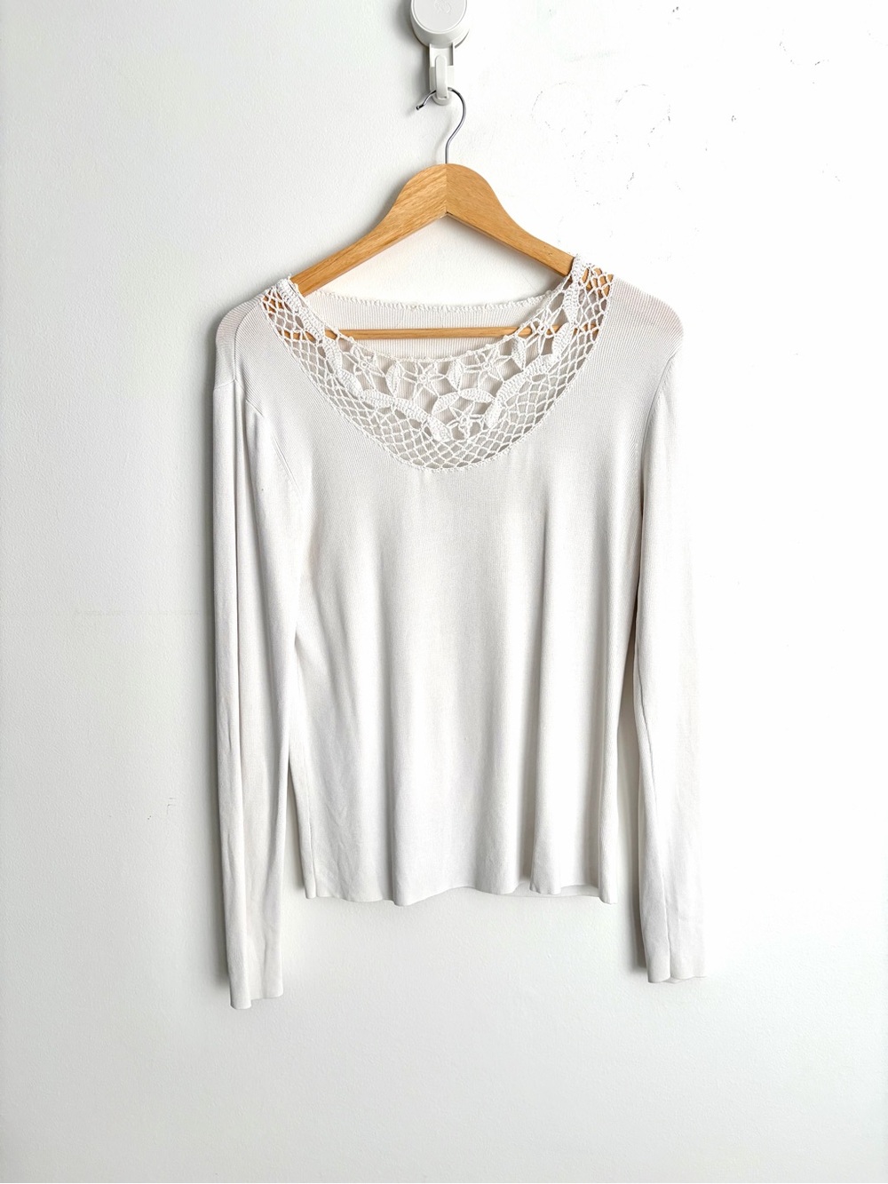Vintage 90s White Crochet Ribbed Long Sleeve Dainty Boho Top M